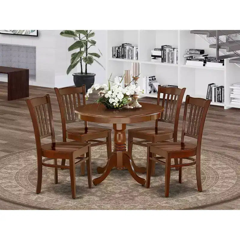 Table à manger HomeStock ronde 5 pièces en bois massif finition acajou avec 4 chaises