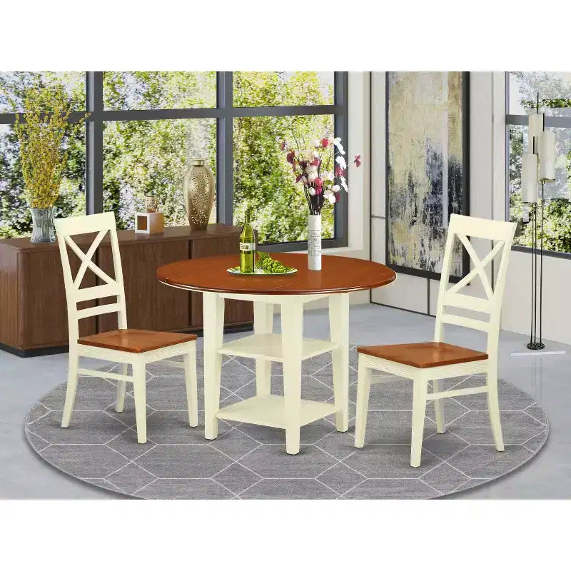 Ensemble de salle à manger 3 pièces HomeStock avec table ronde à plateau en bois massif finition cerisier et couleur crème