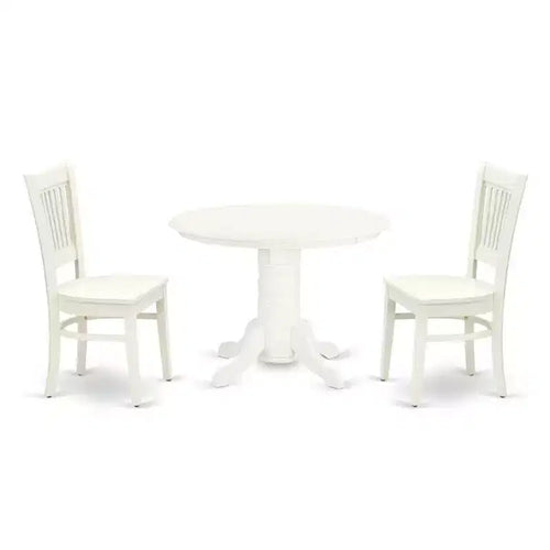 3-Piece Linen White Finish Solid Wood Top-Round Dining Room Set-Seats 4