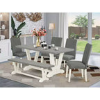 Table à manger 6 pièces avec plateau en bois massif finition chêne naturel, 1 banc et 4 chaises avec