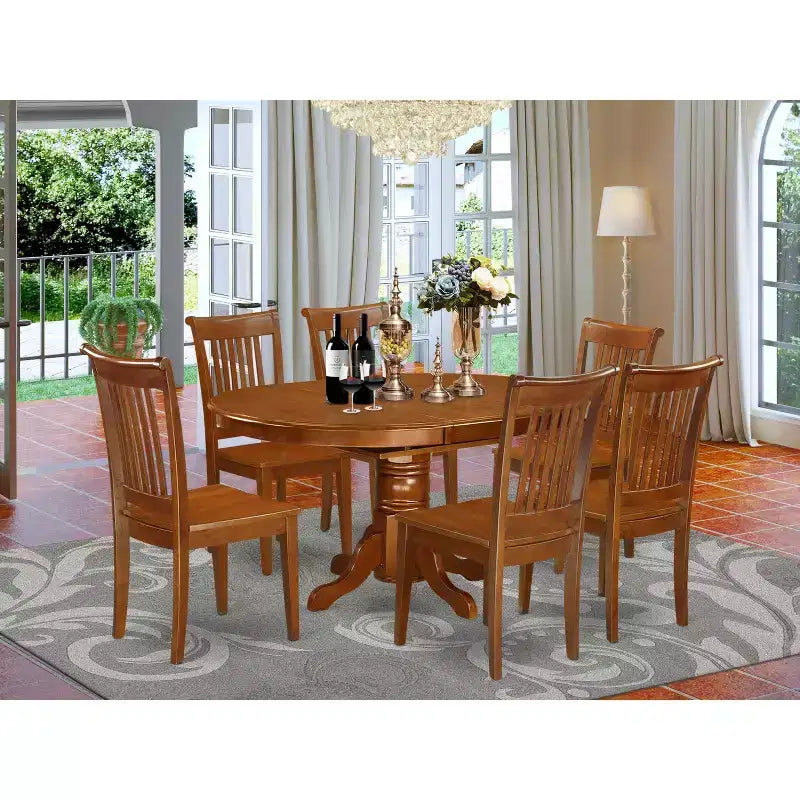Table à manger 7 pièces ovale en bois massif finition brun selle avec 6 chaises avec