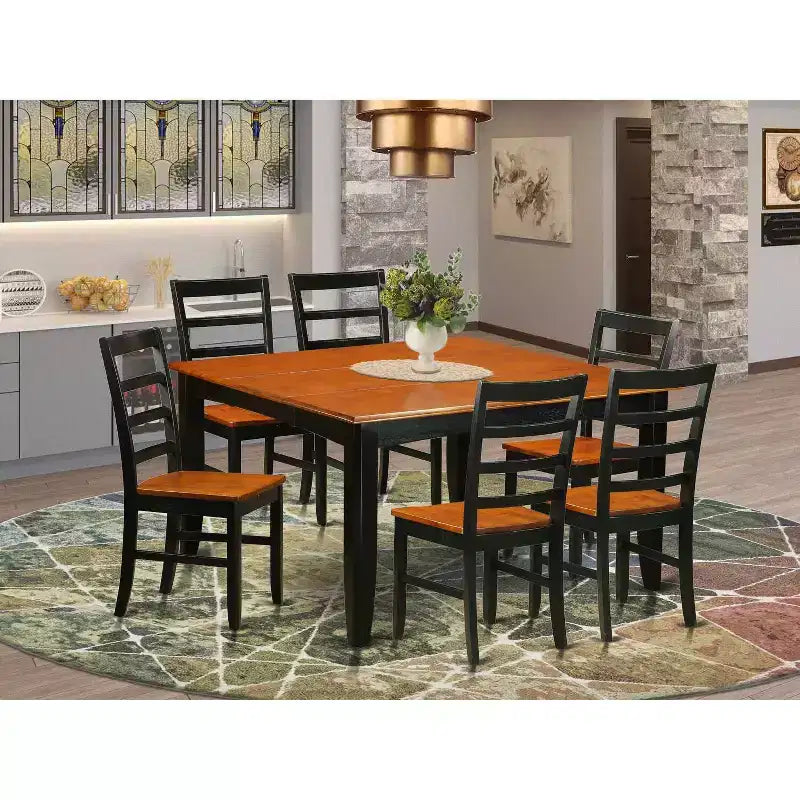 Table de salle à manger HomeStock 7 pièces avec plateau carré en bois massif finition noir et cerisier et 6 chaises