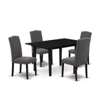 HomeStock 5-Pc Black Finish Solid Wood Top - Rectangular Upholstered Dining Room Set with Butterfly Leaf - Seats 4