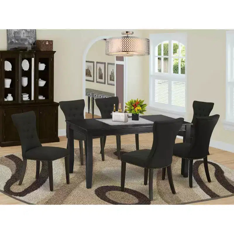 Table à manger HomeStock 7 pièces en bois massif finition noire avec 6 chaises Parson