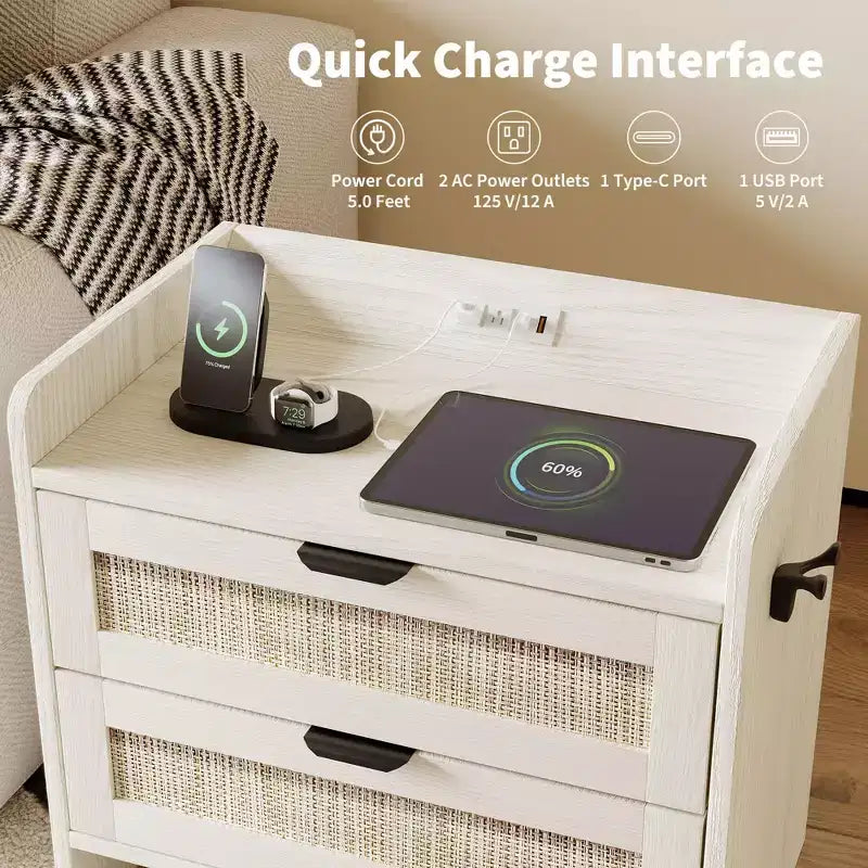 Table de chevet en rotin, avec station de charge USB-C, 2 tiroirs de rangement, table d'appoint bohème pour chambre, salon, bureau