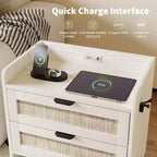 Table de chevet en rotin, avec station de charge USB-C, 2 tiroirs de rangement, table d'appoint bohème pour chambre, salon, bureau