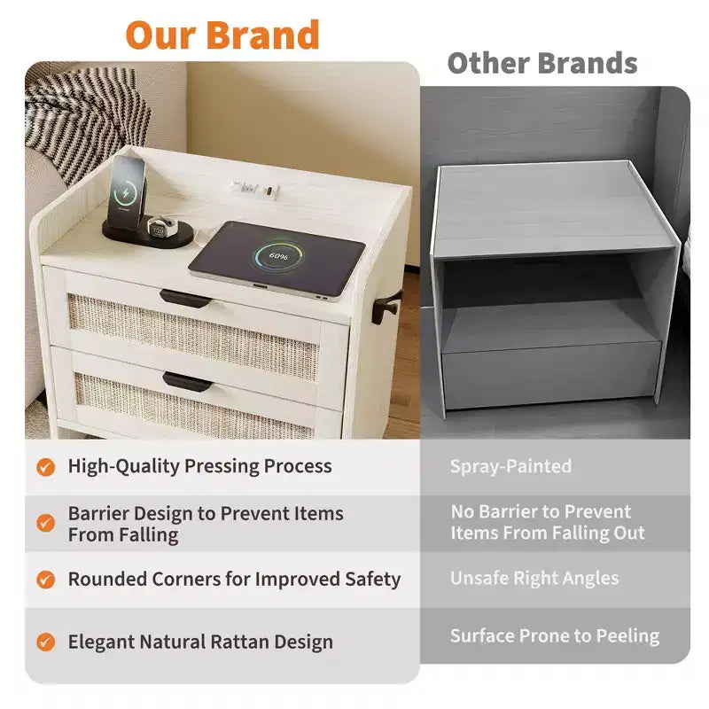 Table de chevet en rotin, avec station de charge USB-C, 2 tiroirs de rangement, table d'appoint bohème pour chambre, salon, bureau