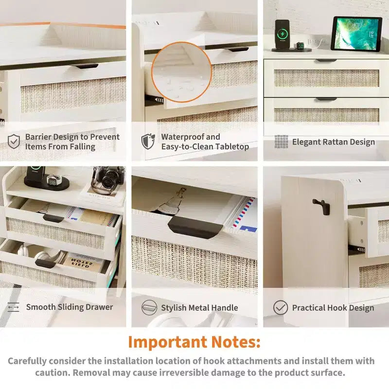 Table de chevet en rotin, avec station de charge USB-C, 2 tiroirs de rangement, table d'appoint bohème pour chambre, salon, bureau