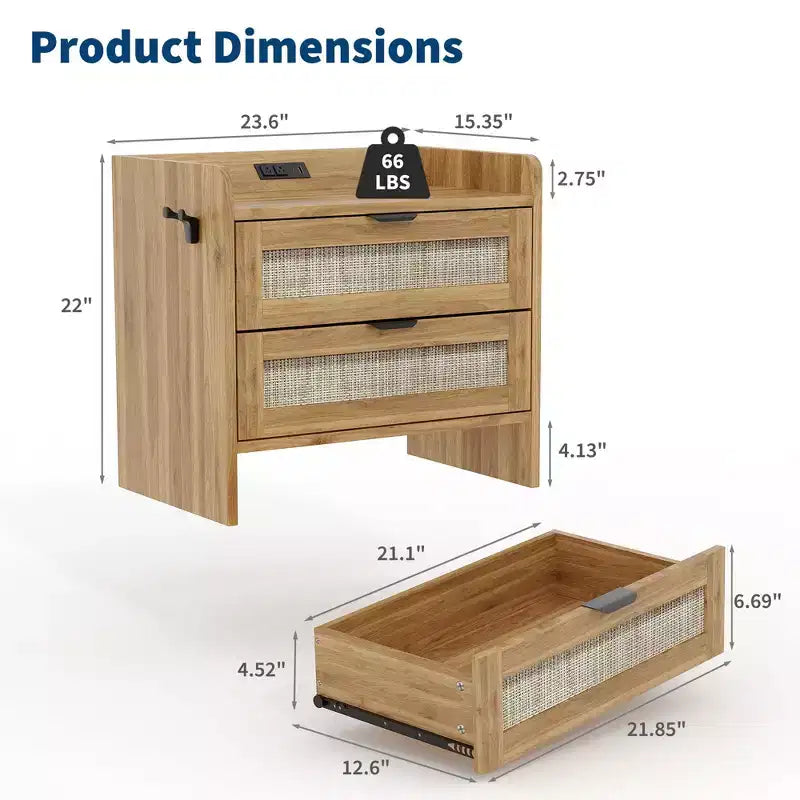 Table de chevet en rotin, avec station de charge USB-C, 2 tiroirs de rangement, table d'appoint bohème pour chambre, salon, bureau
