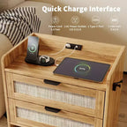 Table de chevet en rotin, avec station de charge USB-C, 2 tiroirs de rangement, table d'appoint bohème pour chambre, salon, bureau