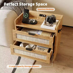 Table de chevet en rotin, avec station de charge USB-C, 2 tiroirs de rangement, table d'appoint bohème pour chambre, salon, bureau