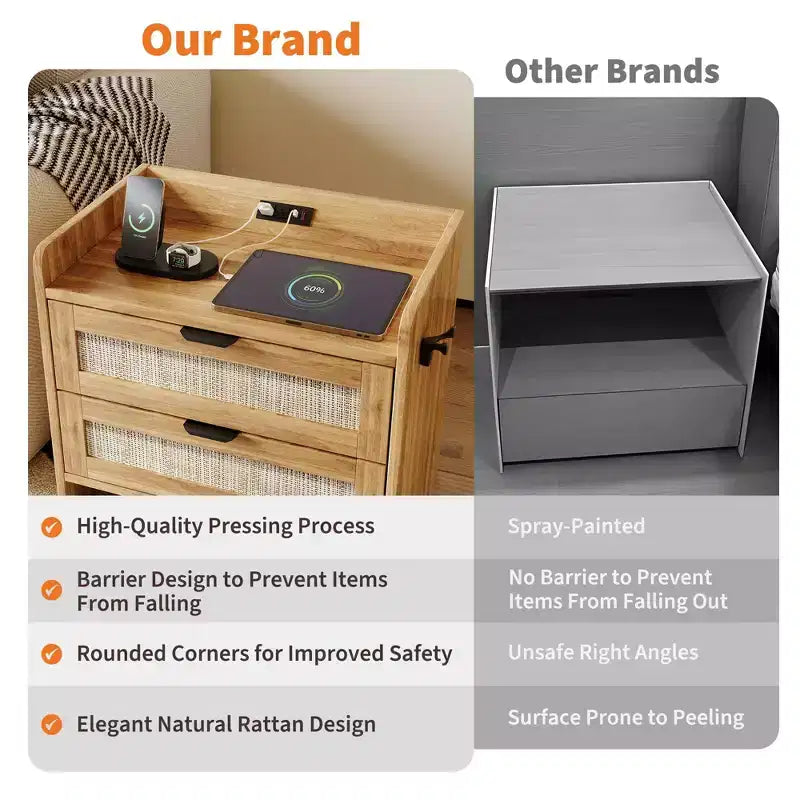 Table de chevet en rotin, avec station de charge USB-C, 2 tiroirs de rangement, table d'appoint bohème pour chambre, salon, bureau