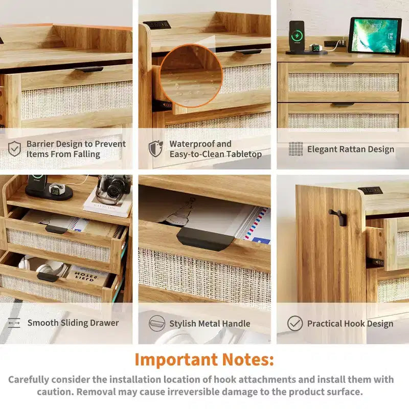 Table de chevet en rotin, avec station de charge USB-C, 2 tiroirs de rangement, table d'appoint bohème pour chambre, salon, bureau