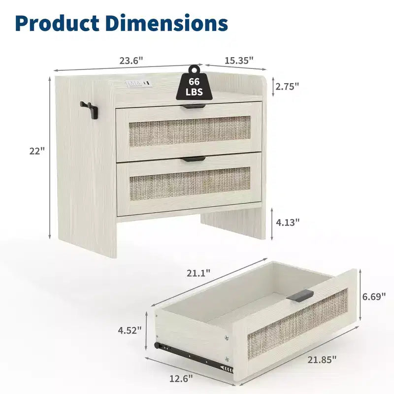 Table de chevet en rotin, avec station de charge USB-C, 2 tiroirs de rangement, table d'appoint bohème pour chambre, salon, bureau