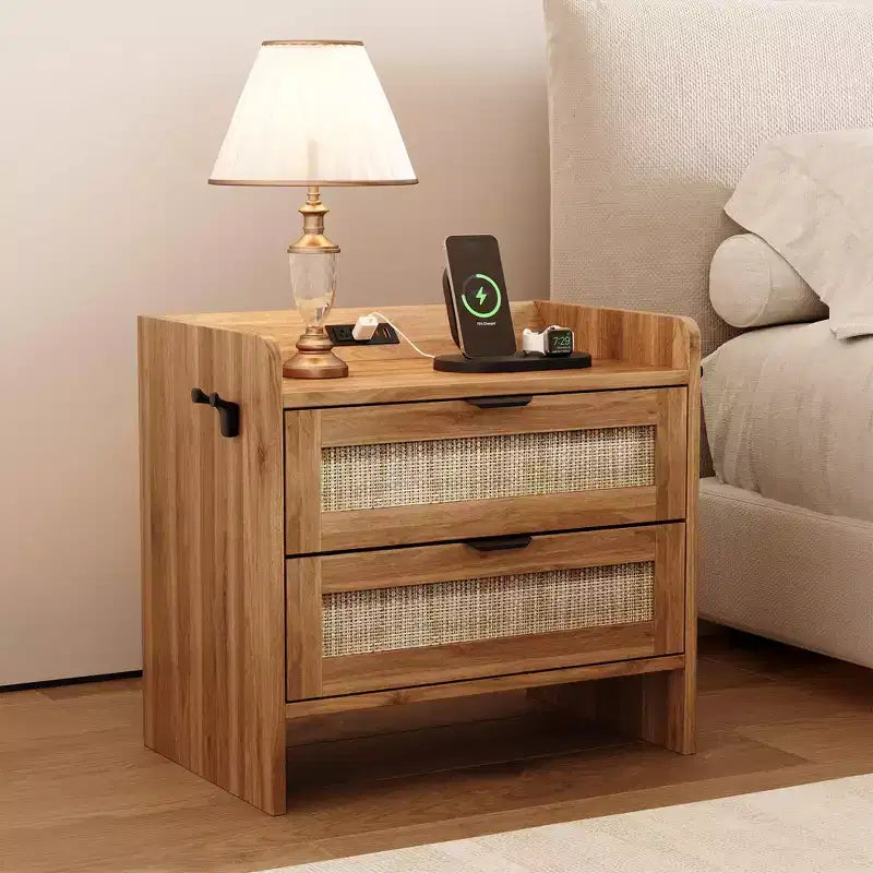Rattan Nightstand, Bedside Table with Type-C Charging Station, 2 Storage Drawer Space, Boho End Table Side Table for Bedroom Living Room Office