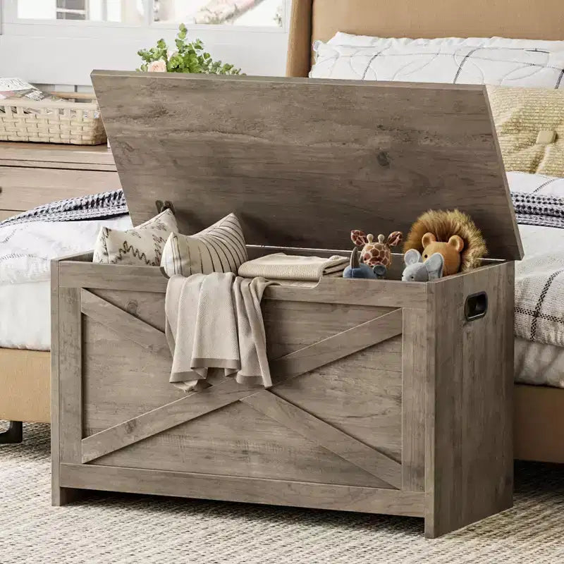 Banc de rangement en bois de 76 cm avec charnière de sécurité, grand coffre à chaussures, montage facile, polyvalent pour entrée, salon et chambre