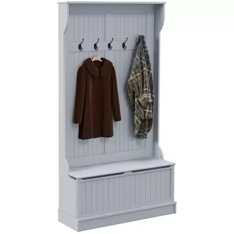Porte-manteau d'entrée Okak 38IN avec 5 crochets métalliques, porte-manteau avec rangement à chaussures et porte supérieure, portemanteau autoportant pour salon, entrée, gris