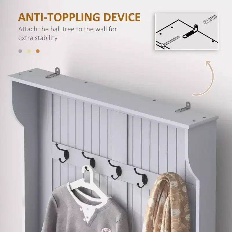 Porte-manteau d'entrée Okak 38IN avec 5 crochets métalliques, porte-manteau avec rangement à chaussures et porte supérieure, portemanteau autoportant pour salon, entrée, gris