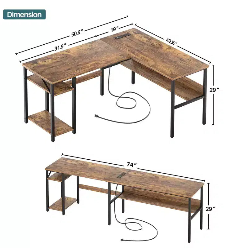 Besiost Bureau d'angle en L de 119,4 cm avec rangements, prises de courant, ports USB, bureau réversible pour ordinateur