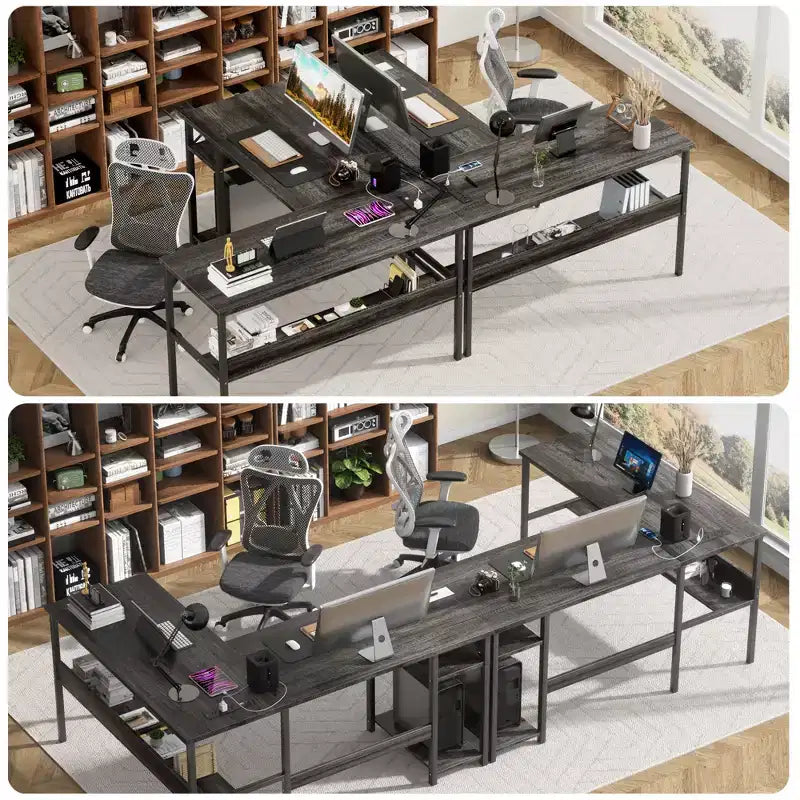 Besiost Bureau d'angle en L de 119,4 cm avec rangements, prises de courant, ports USB, bureau réversible pour ordinateur