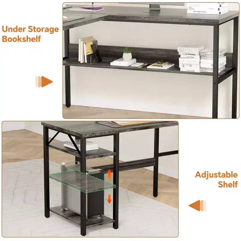 Besiost Bureau d'angle en L de 119,4 cm avec rangements, prises de courant, ports USB, bureau réversible pour ordinateur
