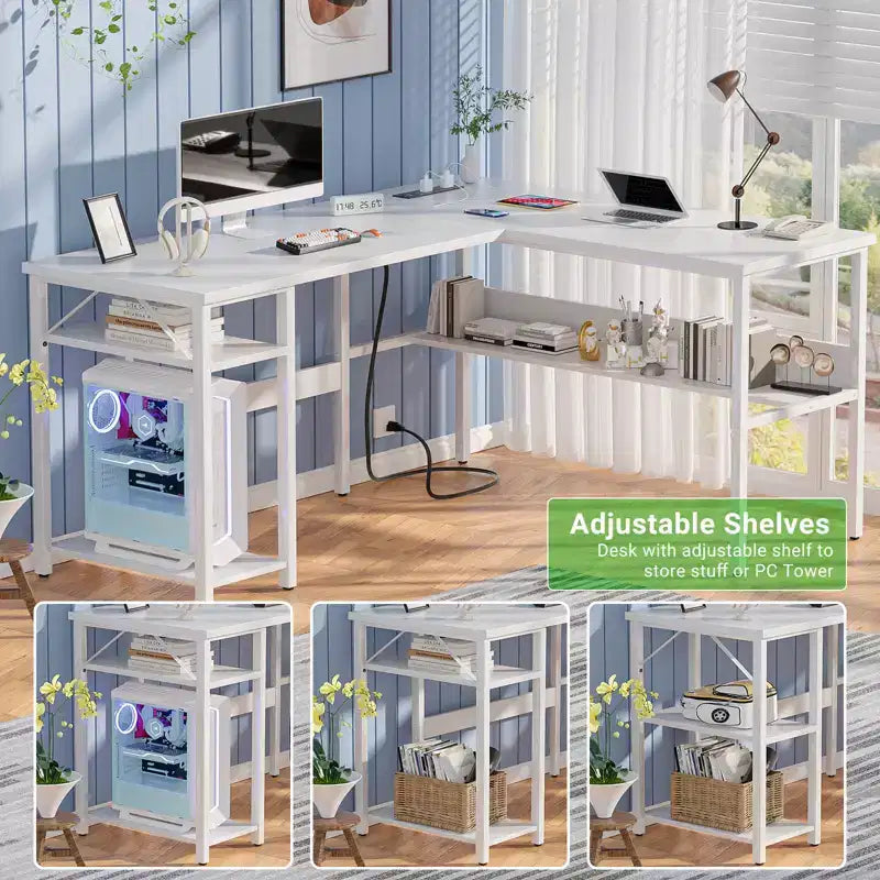Besiost Bureau d'angle en L de 119,4 cm avec rangements, prises de courant, ports USB, bureau réversible pour ordinateur