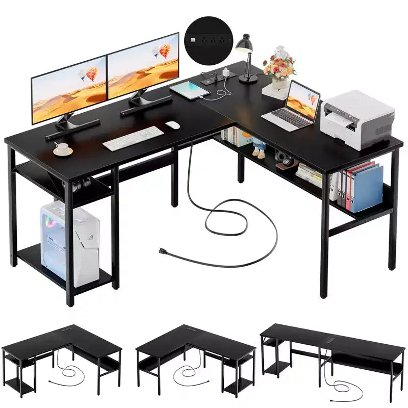 Besiost Bureau d'angle en L de 119,4 cm avec rangements, prises de courant, ports USB, bureau réversible pour ordinateur