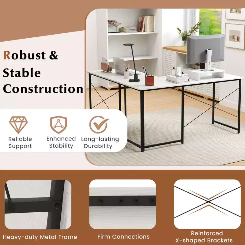 Costway Bureau d'angle en forme de L avec prises de courant, 241 cm de long, pour 2 personnes, avec étagère pour écran, bureau d'angle moderne, table de jeu avec ports USB, blanc