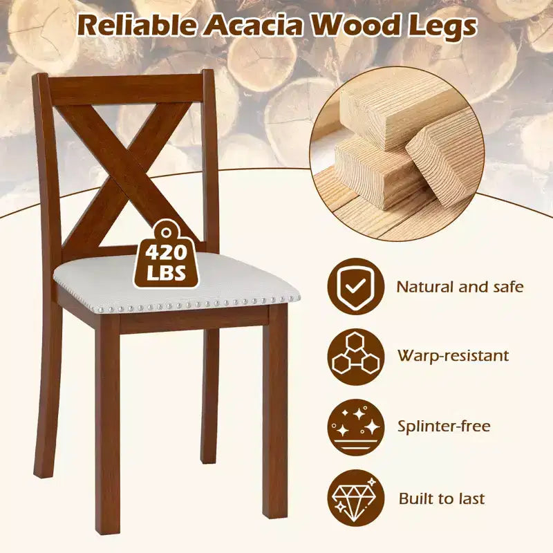 Lot de 2 chaises de salle à manger Costway en bois avec pieds en acacia, assise rembourrée et dossier incurvé