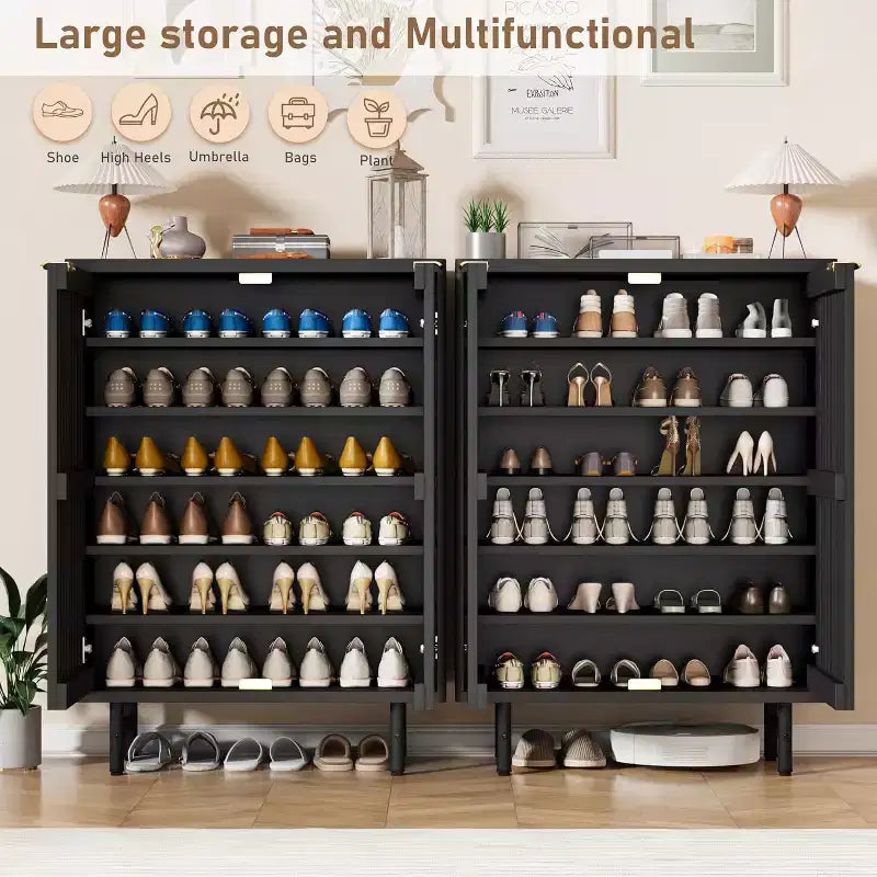 Meuble à chaussures 6 niveaux avec portes, Organisateur de rangement à chaussures en bois, Portes persiennes, Meuble à chaussures étroit autoportant pour entrée/couloir, Peut contenir 24 paires