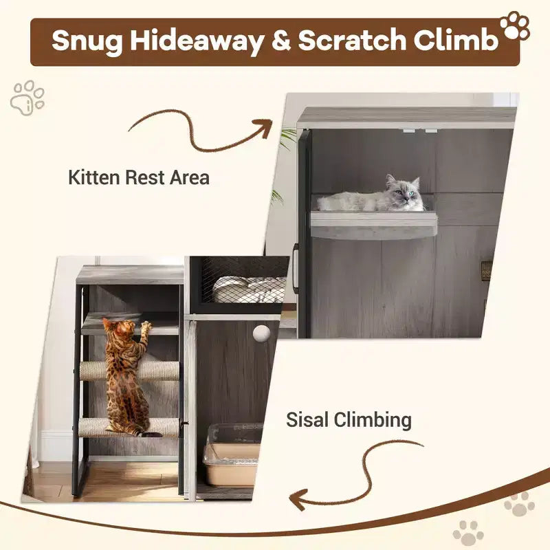 Meuble de litière pour chat, cache-litière 2-en-1 – Meuble de rangement double couche pour chat avec échelle amovible, poteaux à griffer et portes