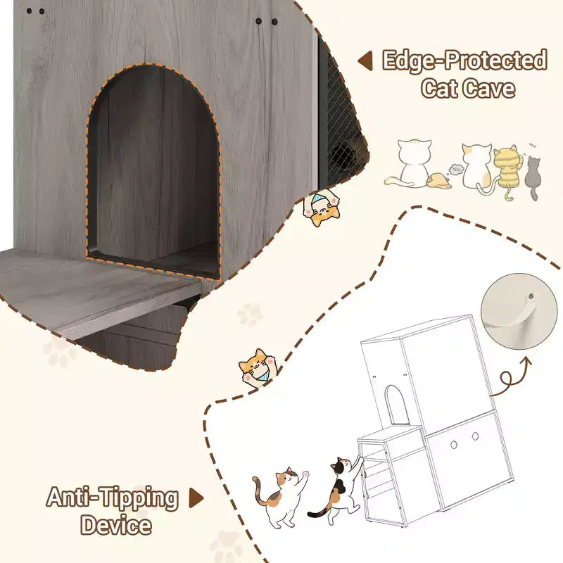 Meuble de litière pour chat, cache-litière 2-en-1 – Meuble de rangement double couche pour chat avec échelle amovible, poteaux à griffer et portes