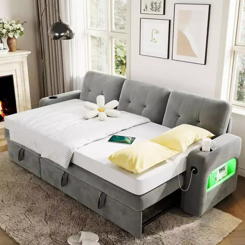 Canapé-lit de 84 pouces, canapé d'angle en L, canapé-lit convertible avec rangement, station de recharge, lumières LED, canapé sectionnel moderne pour chambre.