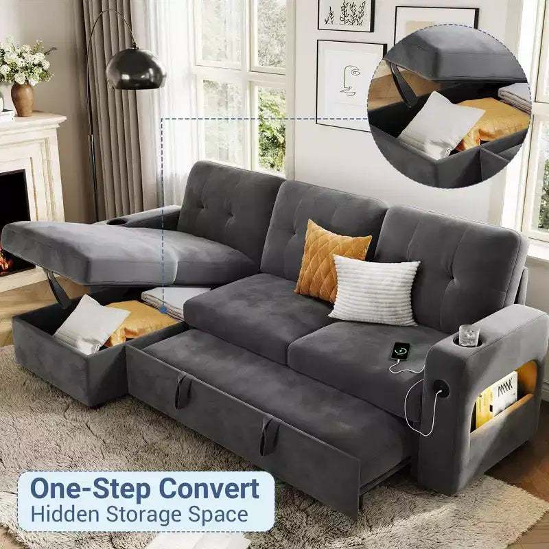 Canapé-lit de 84 pouces, canapé d'angle en L, canapé-lit convertible avec rangement, station de recharge, lumières LED, canapé sectionnel moderne pour chambre.