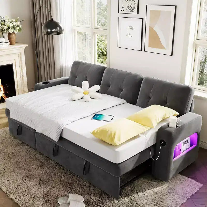 Canapé-lit de 84 pouces, canapé d'angle en L, canapé-lit convertible avec rangement, station de recharge, lumières LED, canapé sectionnel moderne pour chambre.