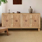 Buffet de salle à manger, Meuble bas en bois avec porte sculptée de fleurs, Poignée en métal, Buffet autoportant