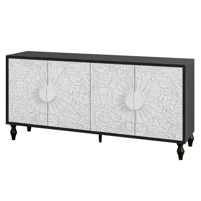 Buffet de salle à manger, Meuble bas en bois avec porte sculptée de fleurs, Poignée en métal, Buffet autoportant