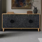 Buffet de salle à manger, Meuble bas en bois avec porte sculptée de fleurs, Poignée en métal, Buffet autoportant
