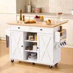 VEVOR Chariot d'îlot de Cuisine, avec Dessus en Bois Massif et Armoire de Rangement, Table Roulante Mobile avec Abattant, Tiroirs, Largeur 132 cm, Blanc