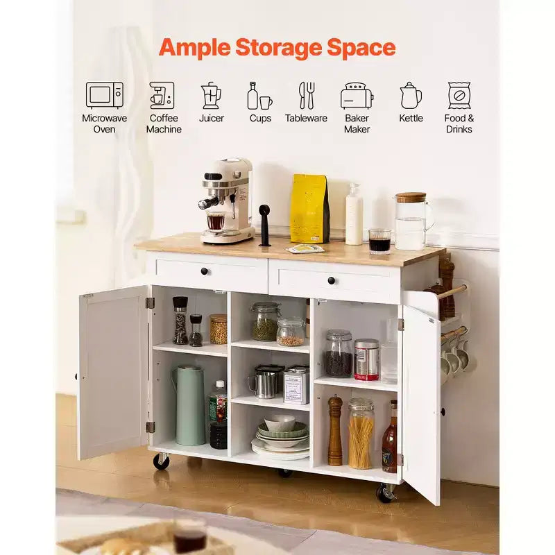 VEVOR Chariot d'îlot de Cuisine, avec Dessus en Bois Massif et Armoire de Rangement, Table Roulante Mobile avec Abattant, Tiroirs, Largeur 132 cm, Blanc