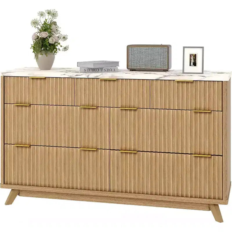 Commode de chambre à 7 tiroirs cannelés, commode moderne de 137 cm de large, meuble de rangement en bois pour chambre, salon, couloir
