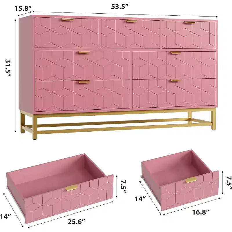 Commode à tiroirs Acekool, commode moderne de 136 cm de large avec façade cannelée, poignées et pieds dorés, organisateur de rangement pour chambre, dressing