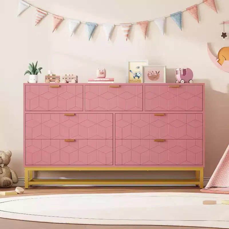 Commode à tiroirs Acekool, commode moderne de 136 cm de large avec façade cannelée, poignées et pieds dorés, organisateur de rangement pour chambre, dressing