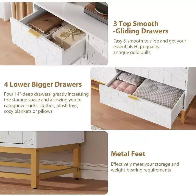 Commode à tiroirs Acekool, commode moderne de 136 cm de large avec façade cannelée, poignées et pieds dorés, organisateur de rangement pour chambre, dressing