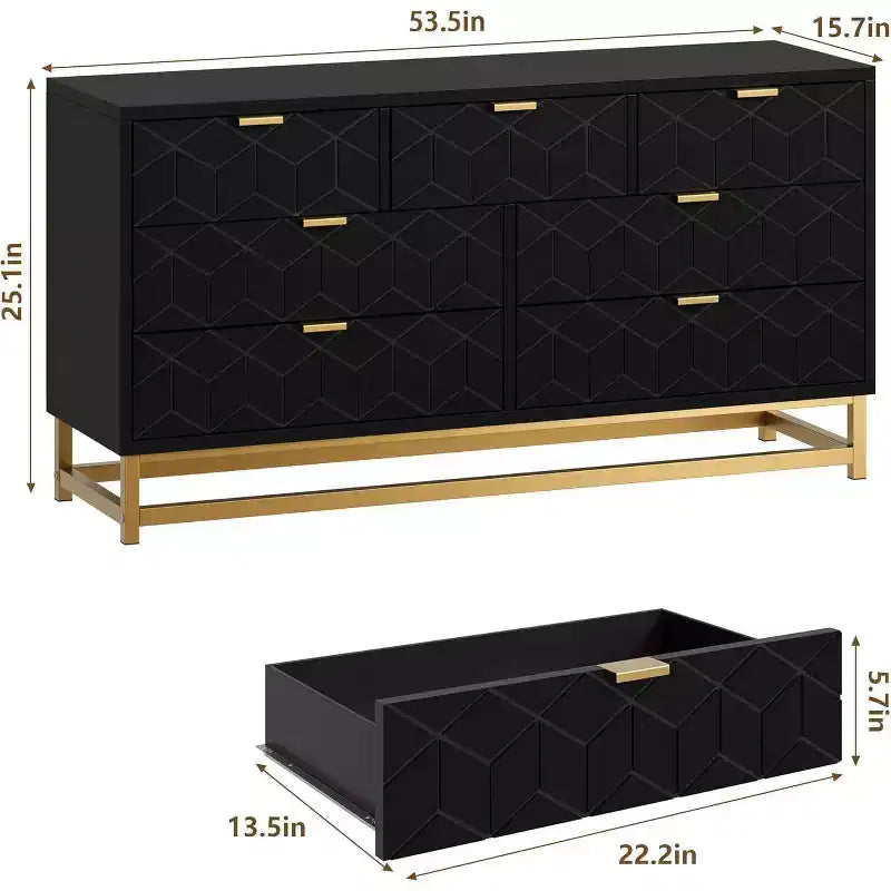 Commode à tiroirs Acekool, commode moderne de 136 cm de large avec façade cannelée, poignées et pieds dorés, organisateur de rangement pour chambre, dressing