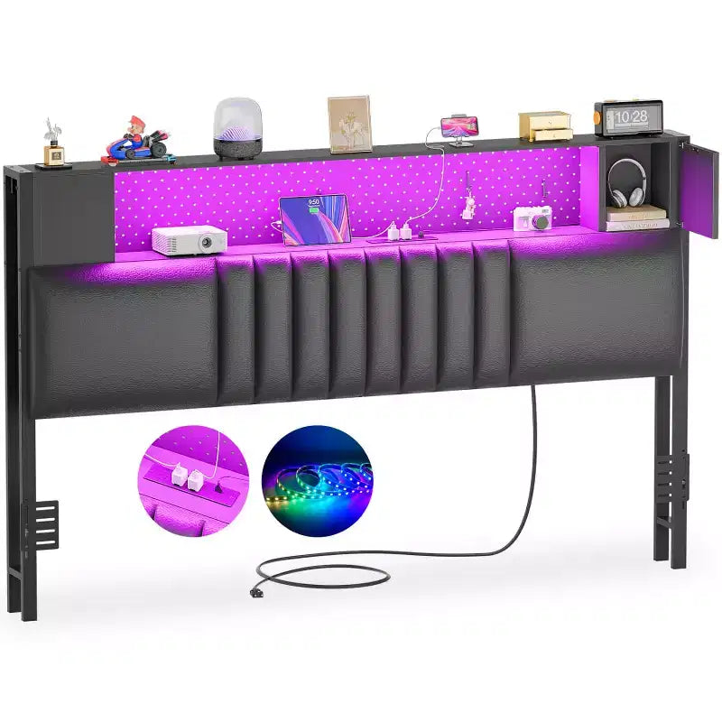 Besiost Storage Headboard with Charging Station and LED Light