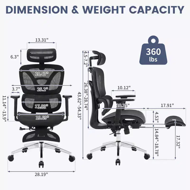 Chaise de bureau ergonomique inclinable en maille à dossier haut avec repose-pieds, soutien lombaire dynamique - Fauteuil de bureau pivotant pour la maison et le jeu, noir