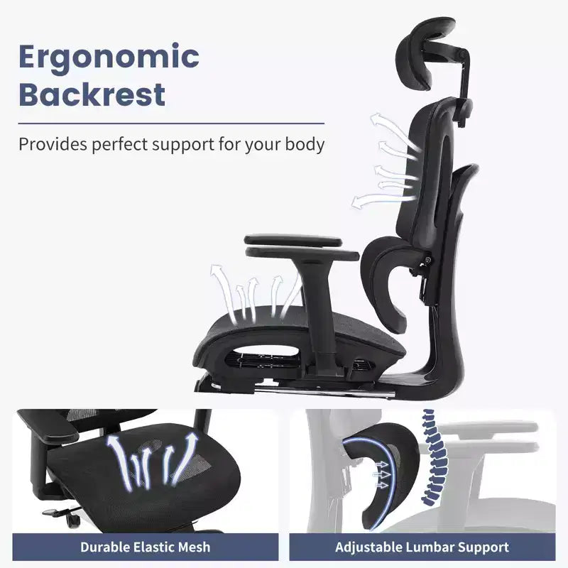 Chaise de bureau ergonomique inclinable en maille à dossier haut avec repose-pieds, soutien lombaire dynamique - Fauteuil de bureau pivotant pour la maison et le jeu, noir