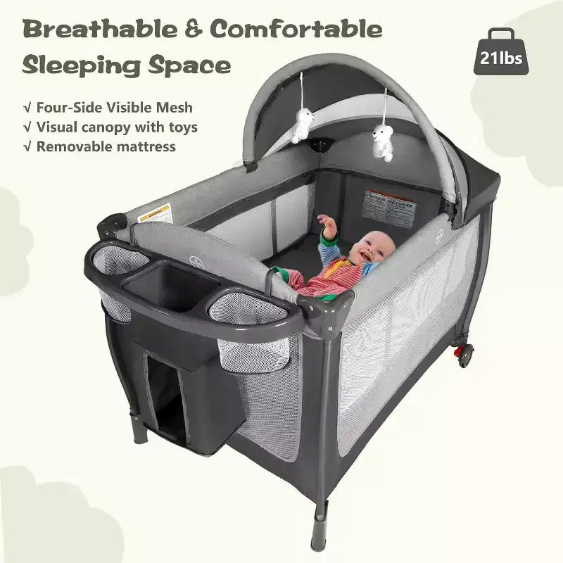 TODECARE Lit bébé 4 en 1, Parc portable, Lit cododo convertible, Table à langer, Panier de rangement et Sac de voyage