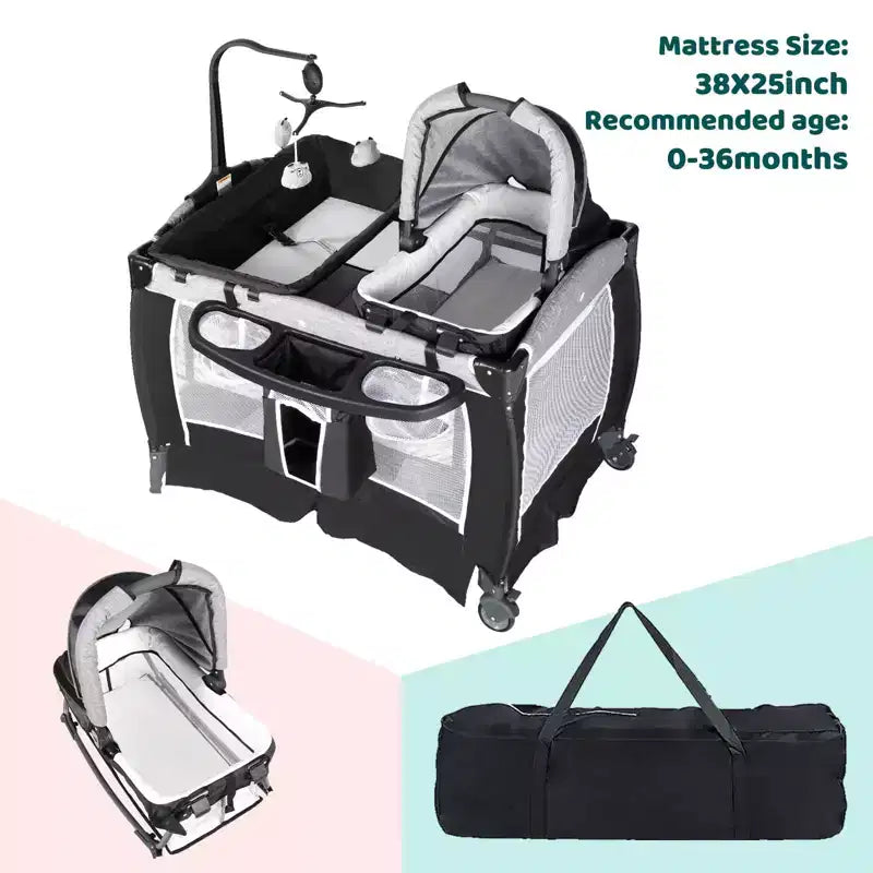 TODECARE Lit bébé 4 en 1, Parc portable, Lit cododo convertible, Table à langer, Panier de rangement et Sac de voyage